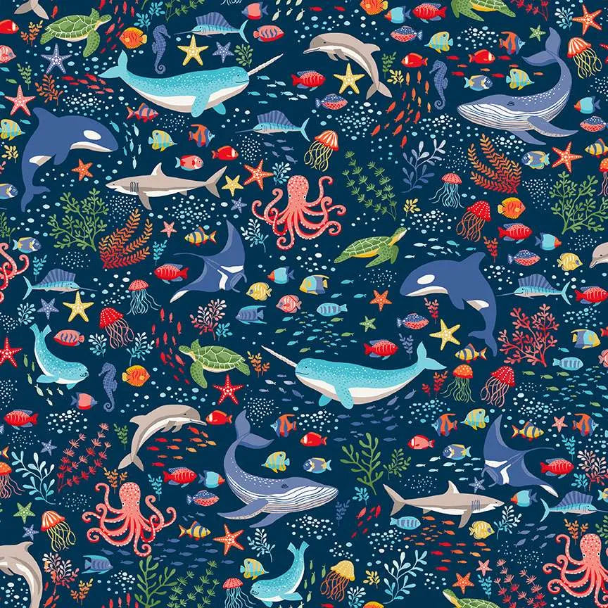 Deep Blue Sea by Makower -Sea Creatures Dark Blue