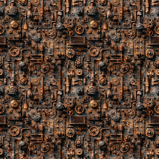 Steam and Steel by Dan Morris for QT Fabrics - Train mechanical rust.