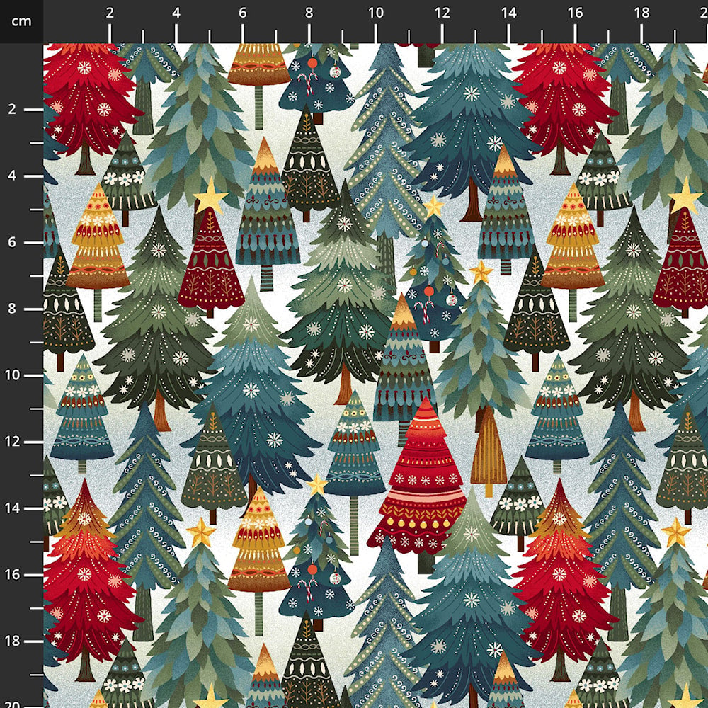Nordic Holiday Village by Mary Jane Carey for Henry Glass - Trees on White 3606-17