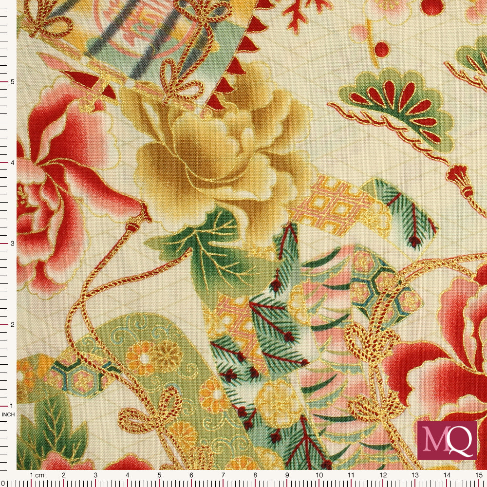 Cotton quilting fabric with Japanese design featuring flowers and symbols