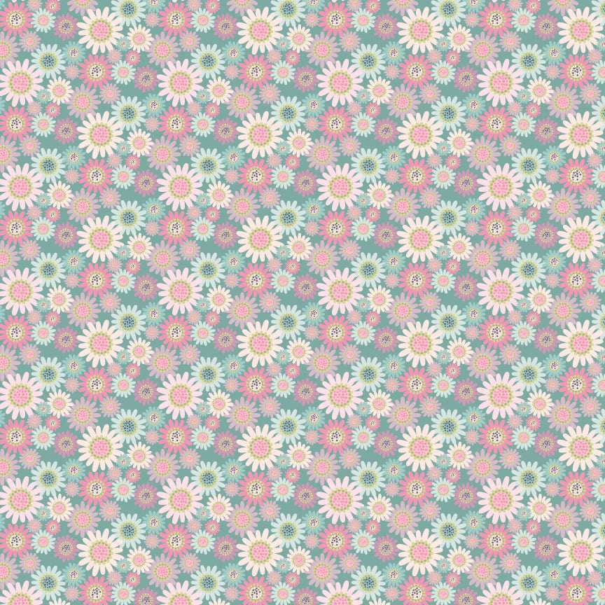Le Petit Escargot by Lori Woods for Poppie Cotton - Sunny Daisies Teal