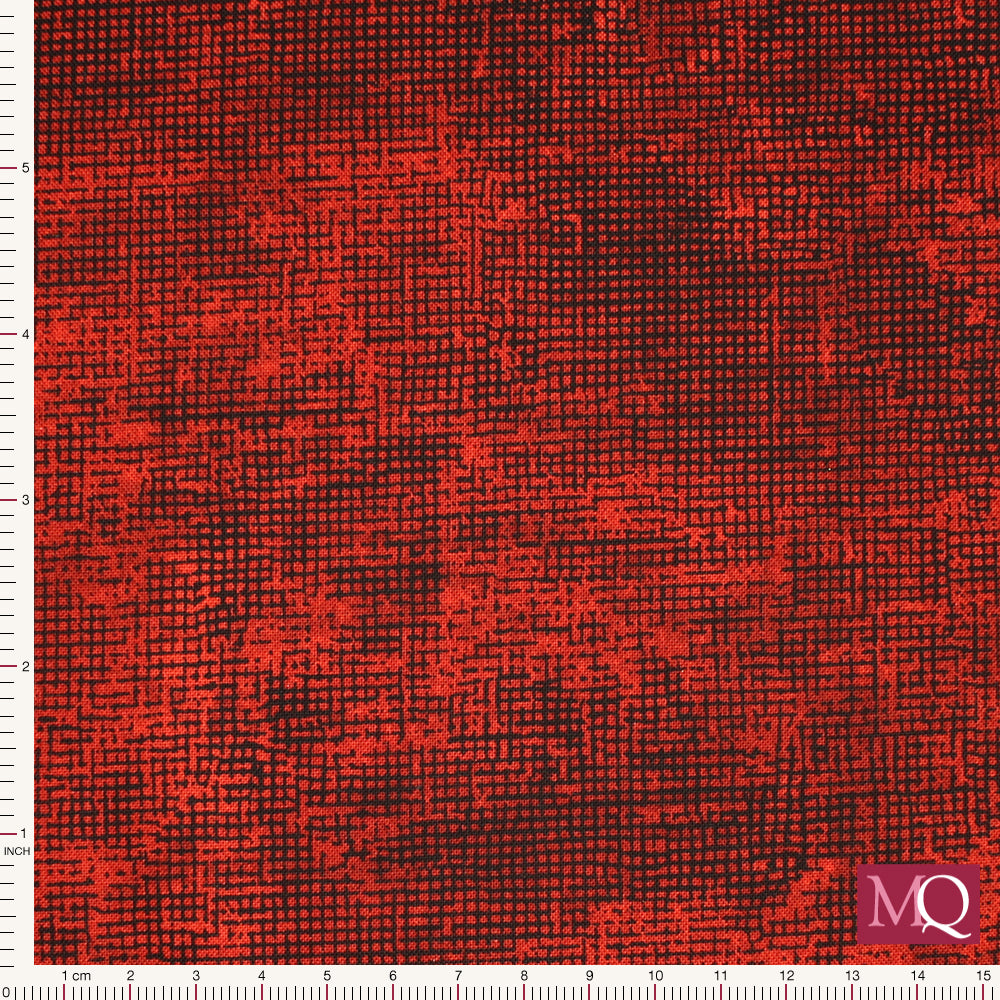 Cotton quilting fabric with printed mottled cross hatched texture in black on red