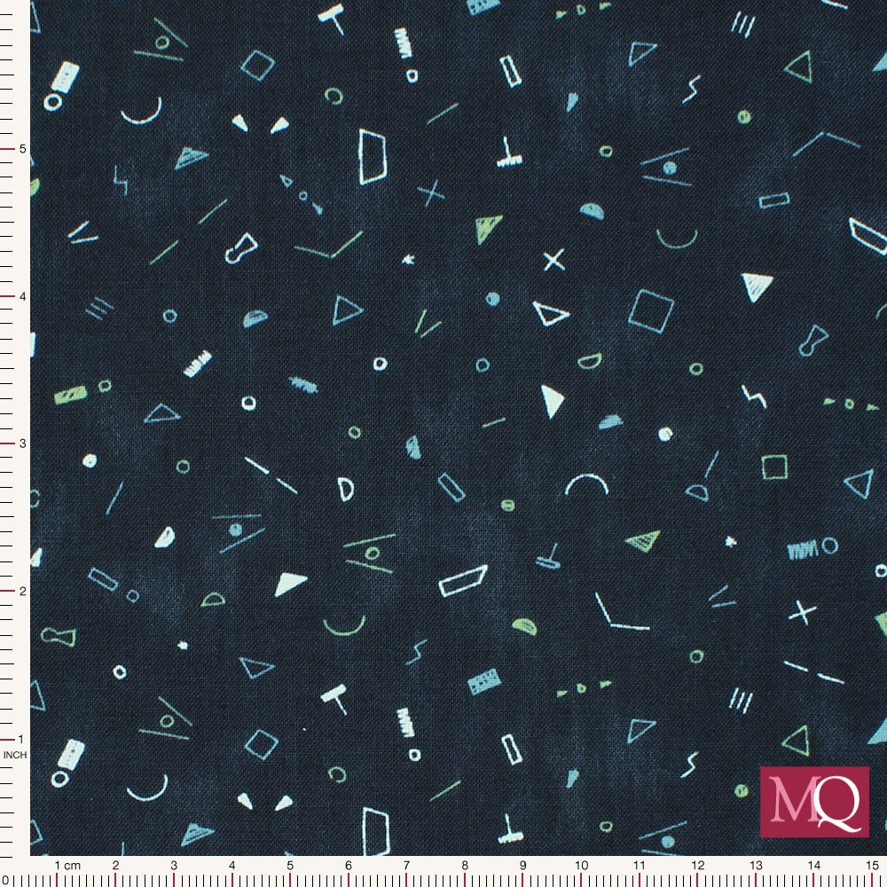 Cotton quilting fabric with mottled navy background and tiny tumbling modernist shapes