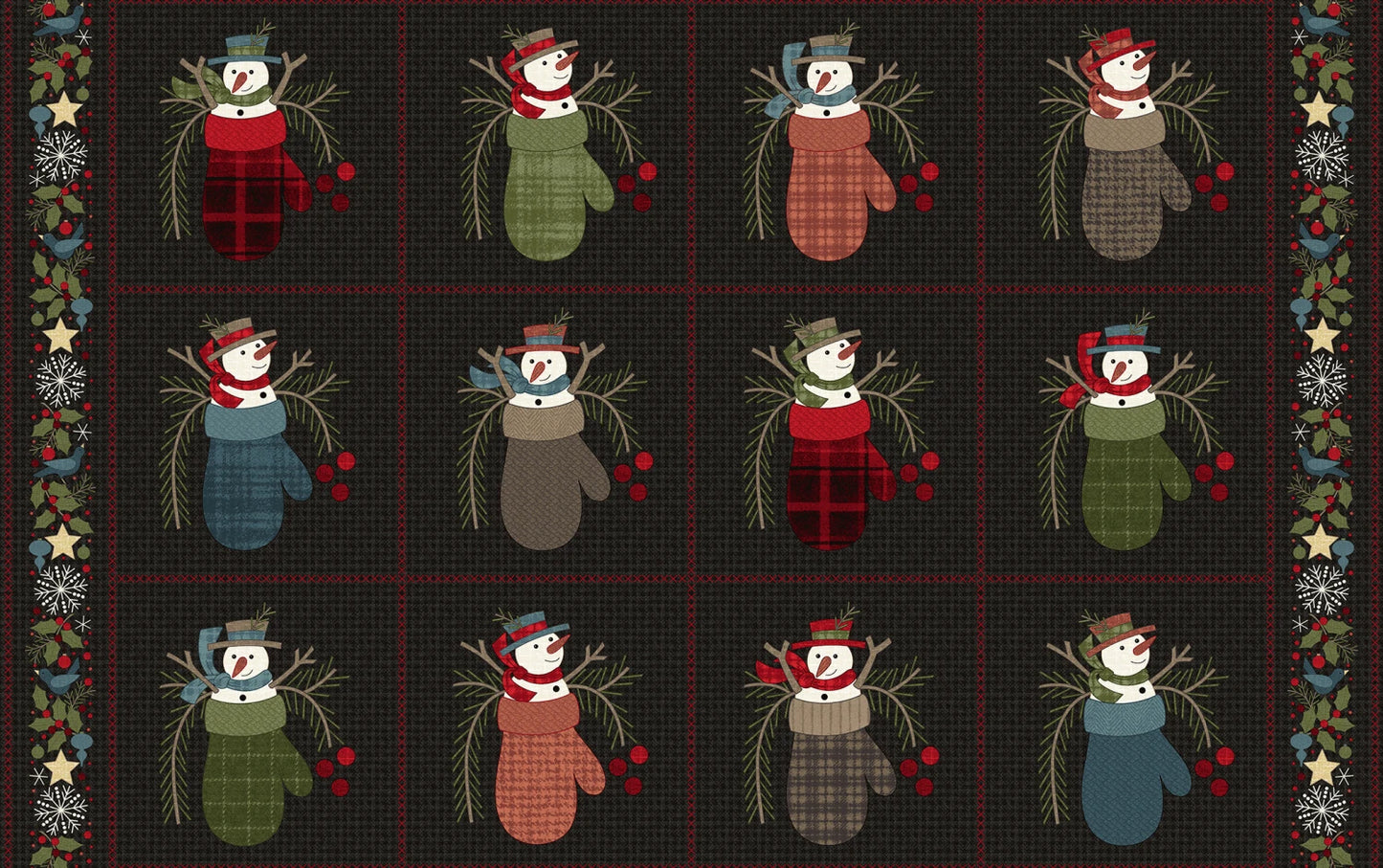 Jolly Holly Flannel Panel by Bonnie Sullivan for Maywood Studio -Black Snowmen Blocks Flannel