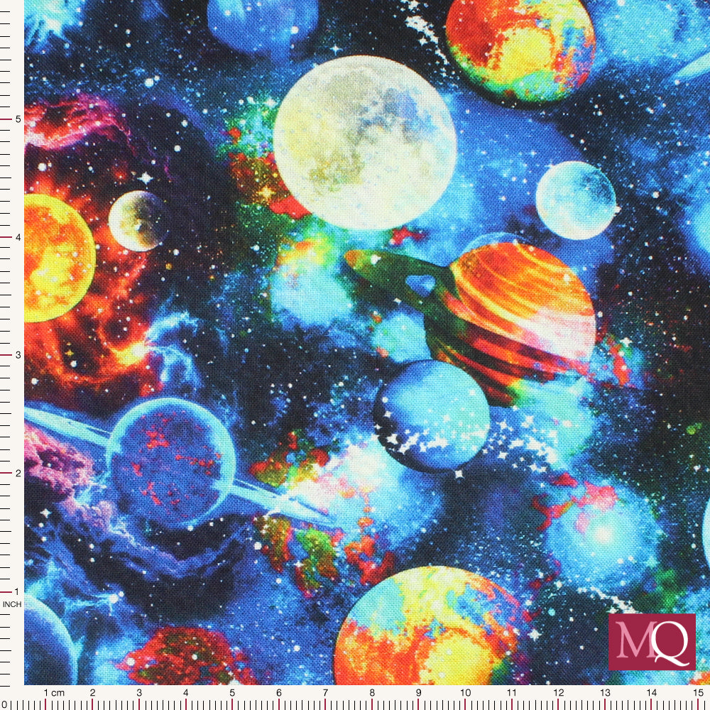 Cotton quilting fabric featuring planets in space