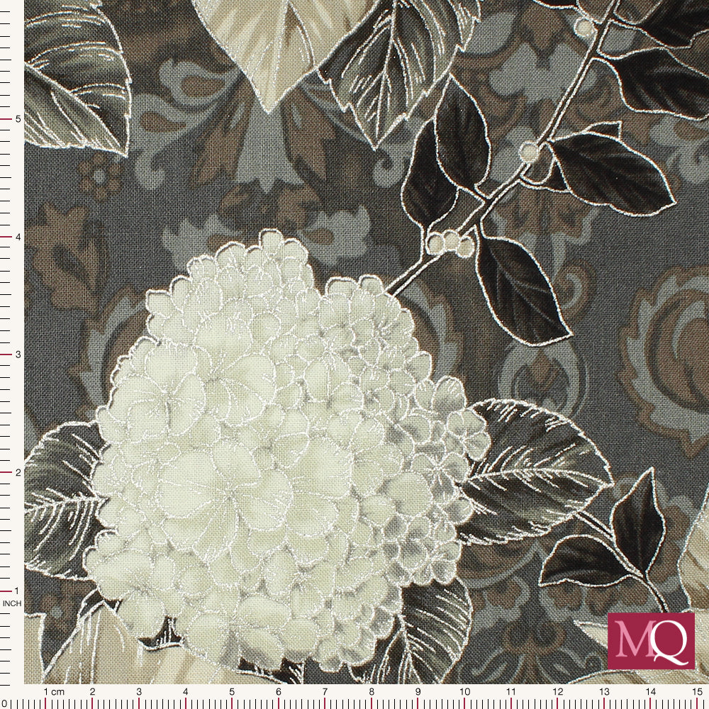 Cotton quilting fabric with subtle Christmas theme featuring foliage and flowers in neutral colours with silver highlights