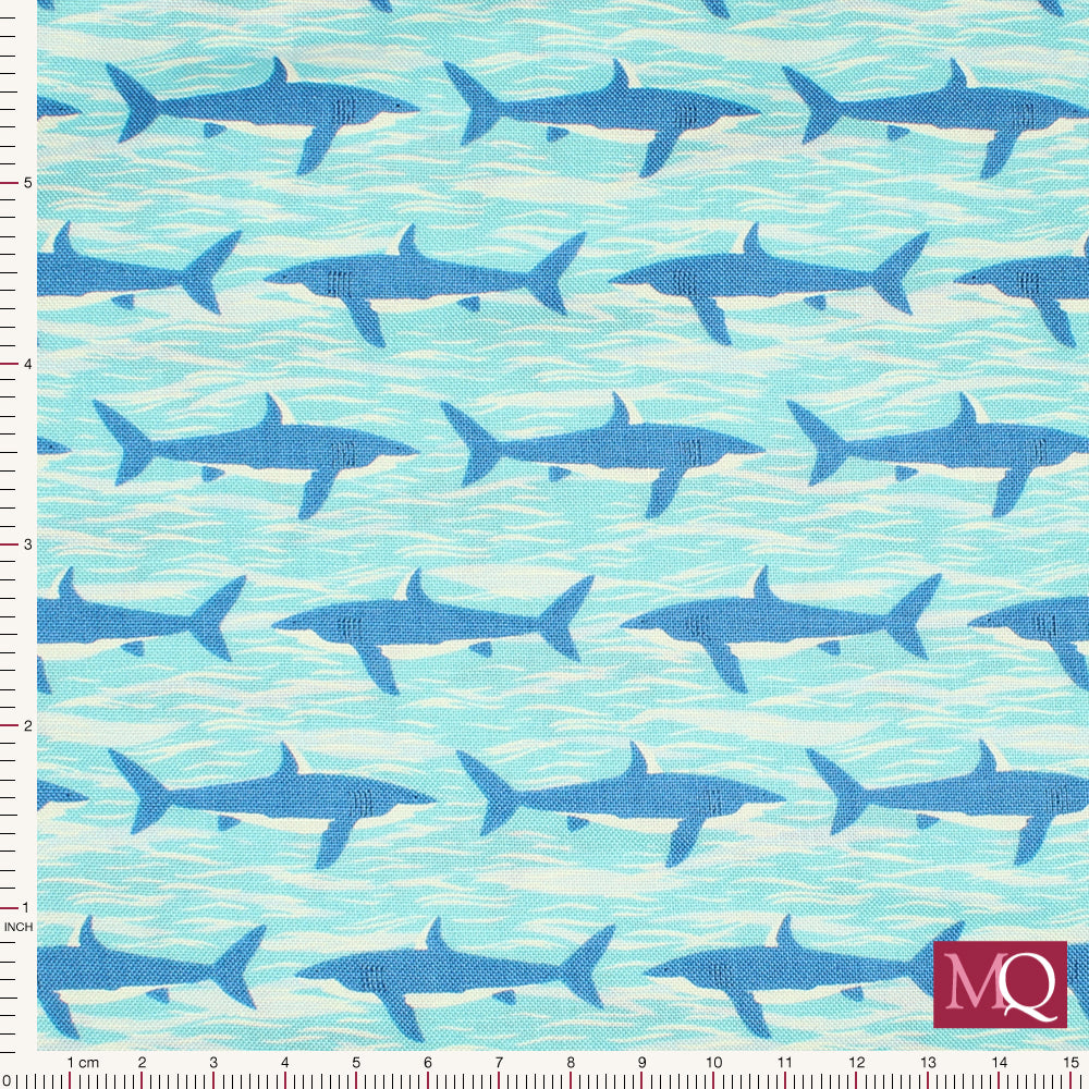Deep Blue Sea by Makower -Sharks Light Blue