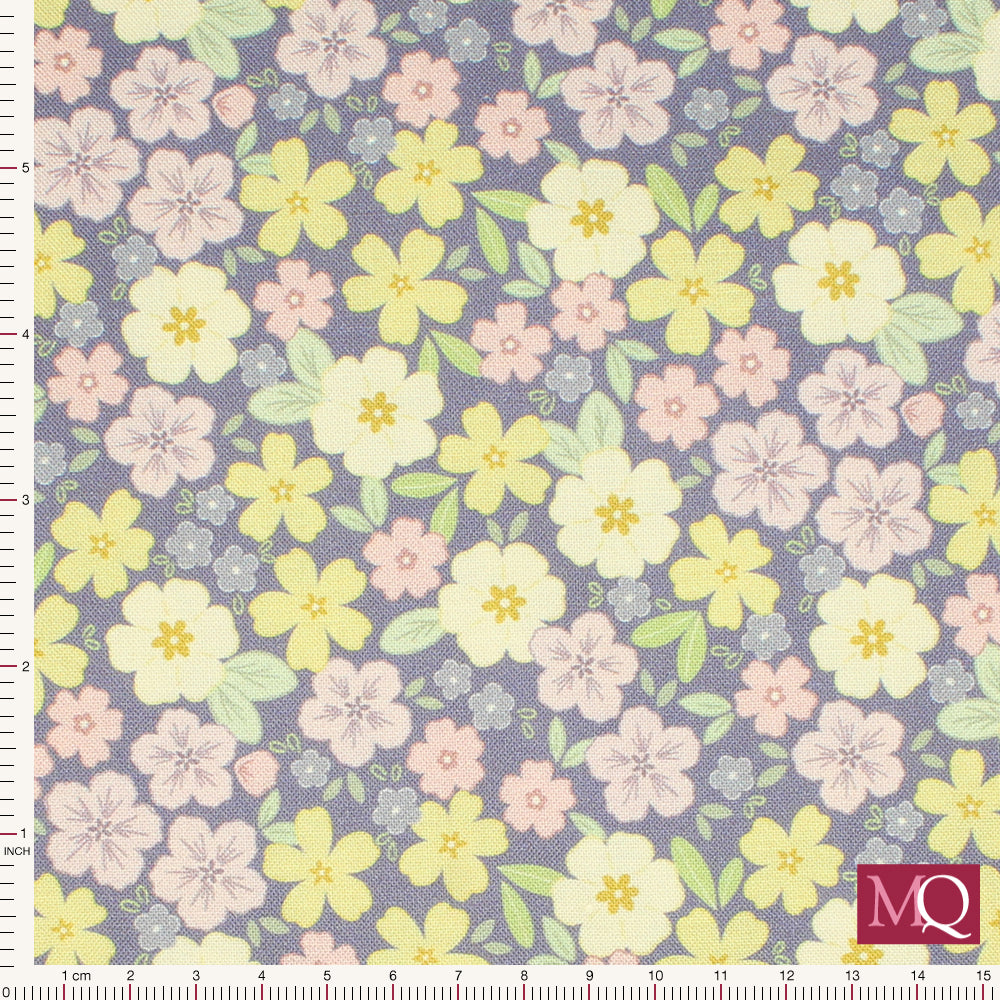 Dear Spring by Cassandra Connolly for Lewis and Irene -Primrose Prairie Dusky Mid-Blue