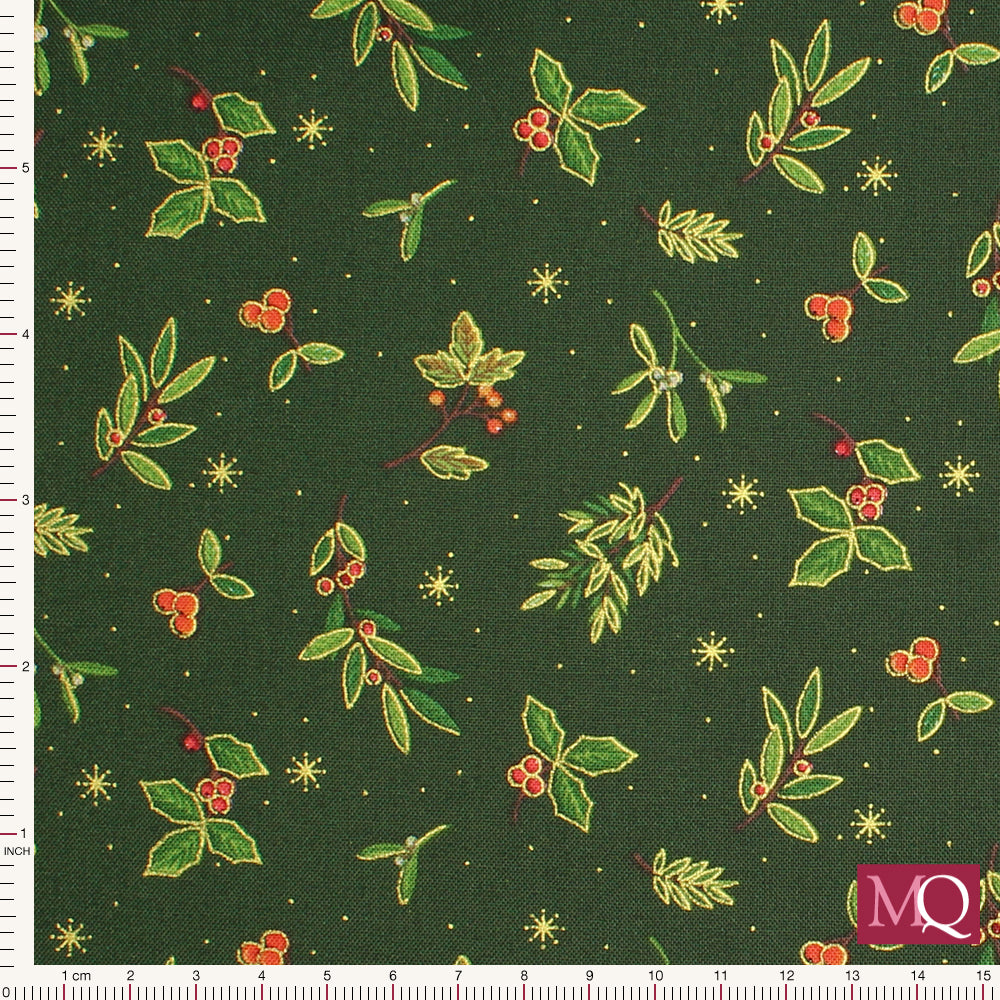Christmas Festive Foliage by Makower - Scatter on Green Remnant