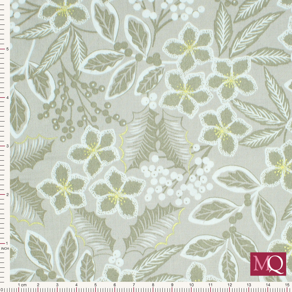 Noel by Lewis and Irene - Holly Berries Mono on Natural Grey