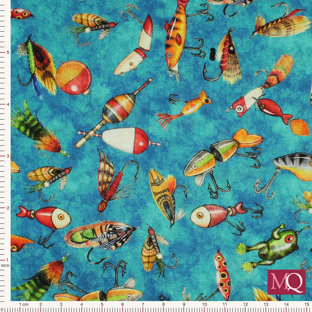 Fish Tails by Dan Morris for QT Fabrics - Fishing Flies and Floats Blue