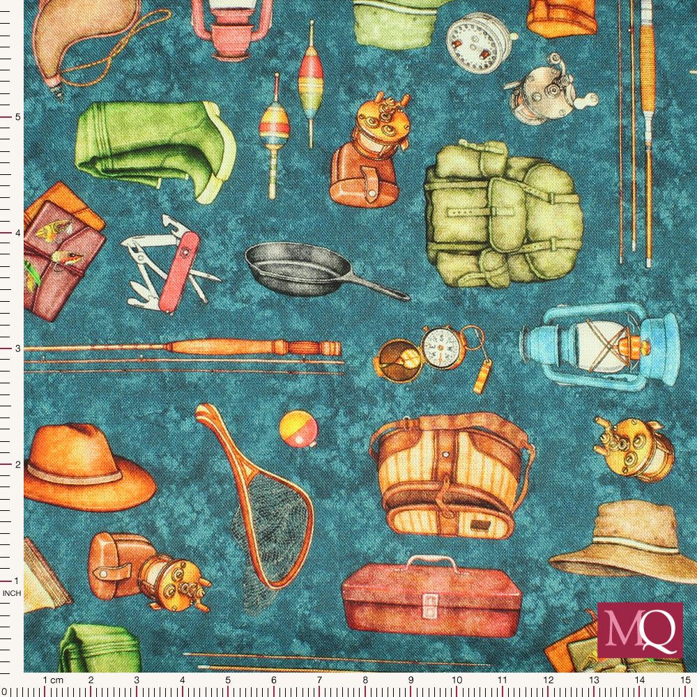 Fish Tails by Dan Morris for QT Fabrics - Fishing Equipment Blue Remnant