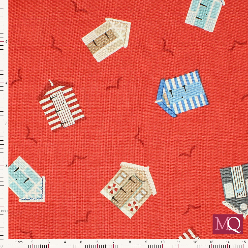 Cotton quilting fabric featuring modern illustrations of colourful beach huts tumbling on a light red background with dark red gull silhouettes