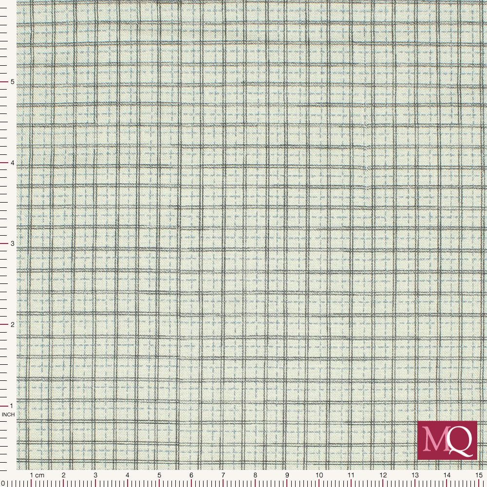 Cotton quilting fabric with printed check design in fine grey and fine light blue on cream