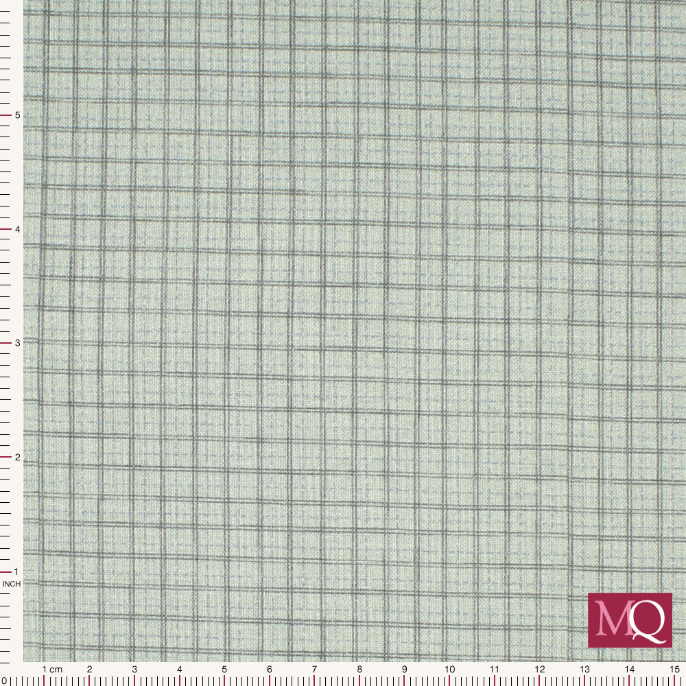 Cotton quilting fabric with fine grey and blue checks on warm grey blue background
