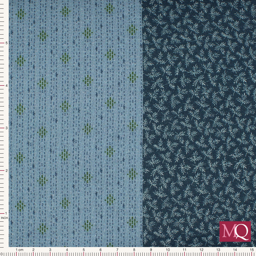 Cotton quilting fabric with 8 different blue prints in 5" strips