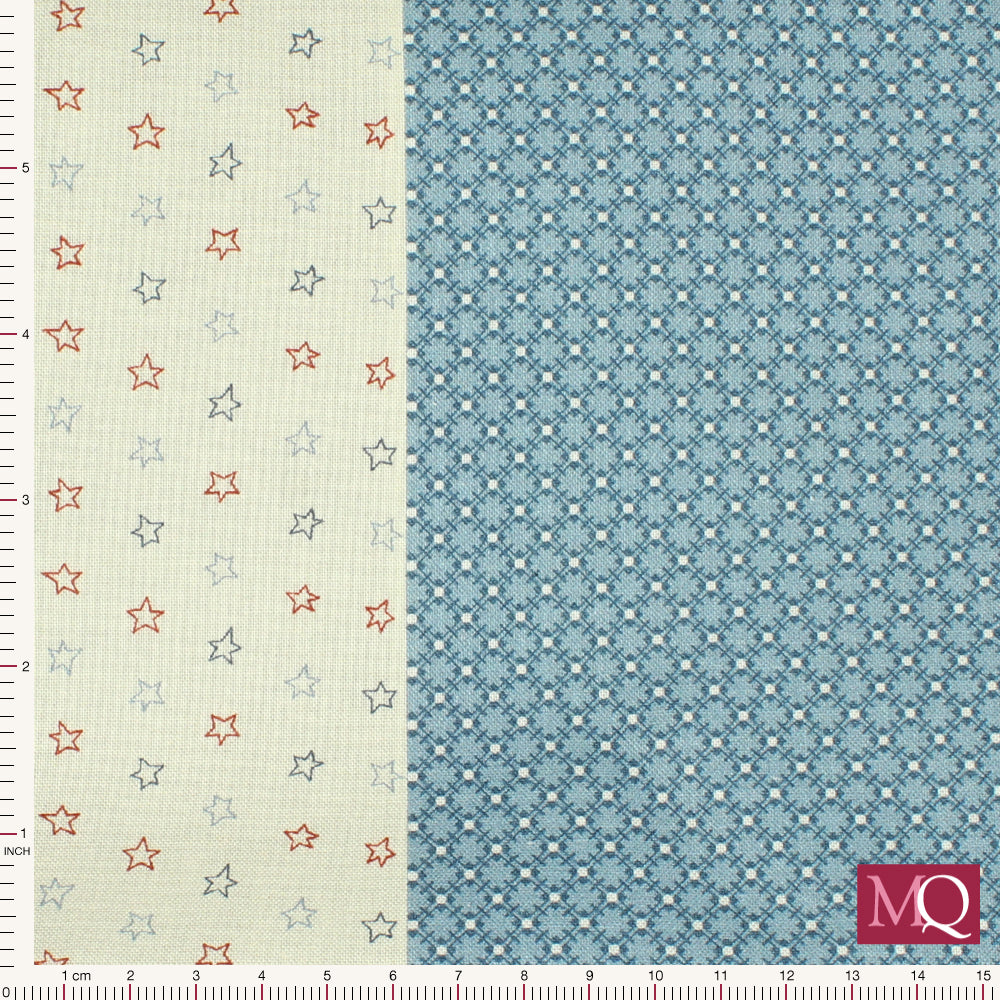 Cotton quilting fabric with 8 different blue prints in 5" strips