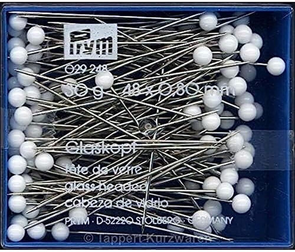 Prym Glass-headed Steel Pins Extra Long White 30g in Box 48mm Long x 0.80mm