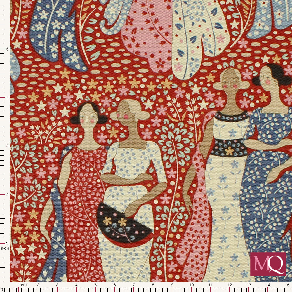 Cotton quilting fabric depicting ladies in floral dresses on a rust red backdrop