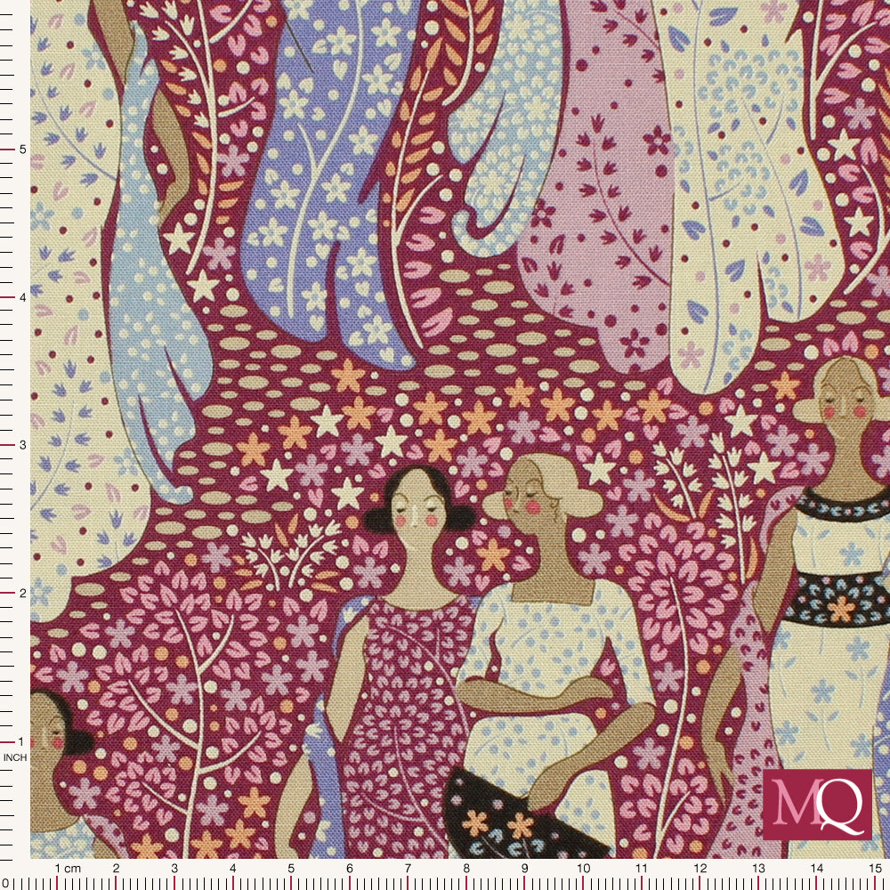 Cotton quilting fabric depicting ladies in floral dresses with plum red background