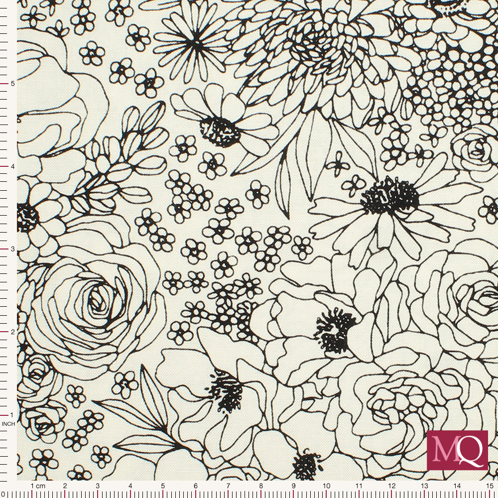 Cotton quilting fabric with line drawing sketches of flowers