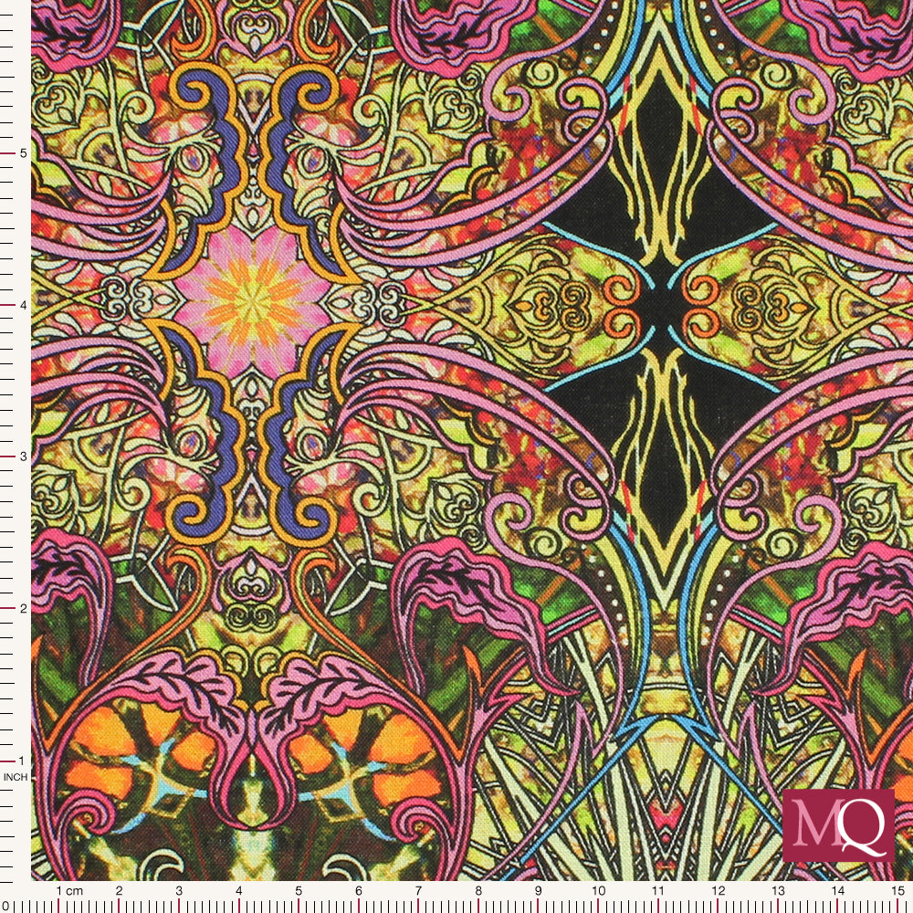 Cotton quilting fabric with bright kaleidoscope design in an art nouveau style layout