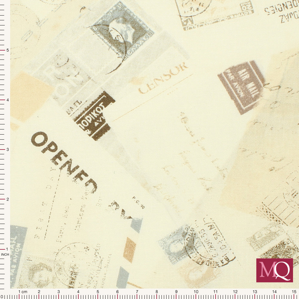 Cotton quilting fabric with international postage theme in pale colours