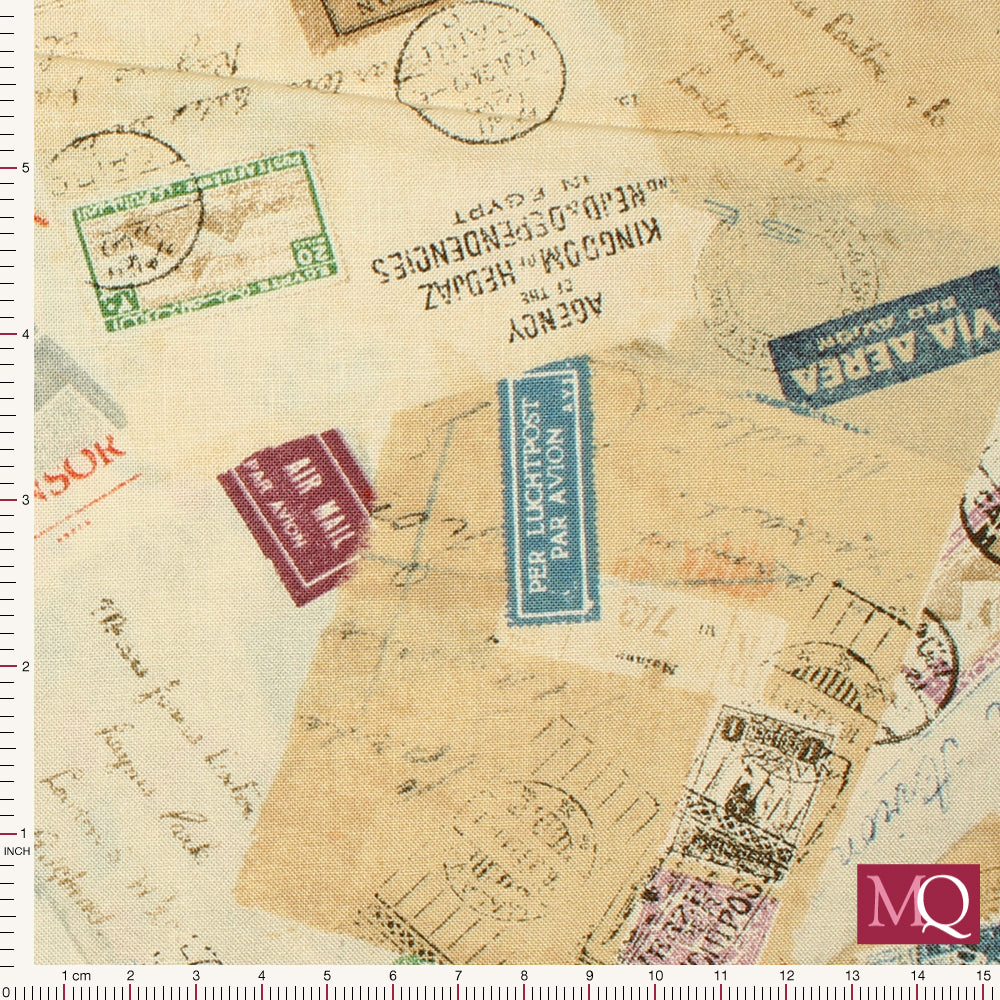Cotton quilting fabric with postal theme and beige tones