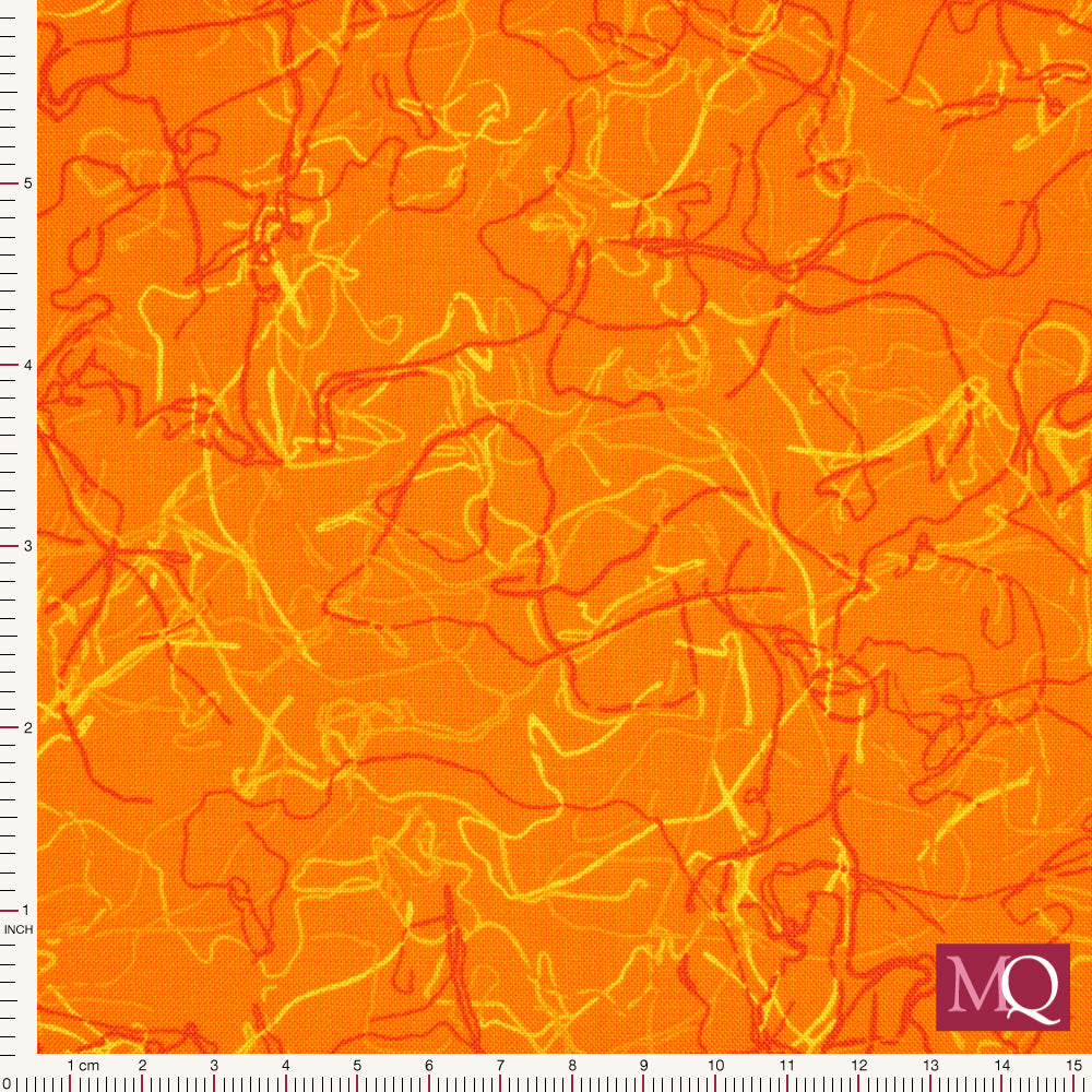 Cotton quilting fabric with allover design of loose lines in oranges and yellows