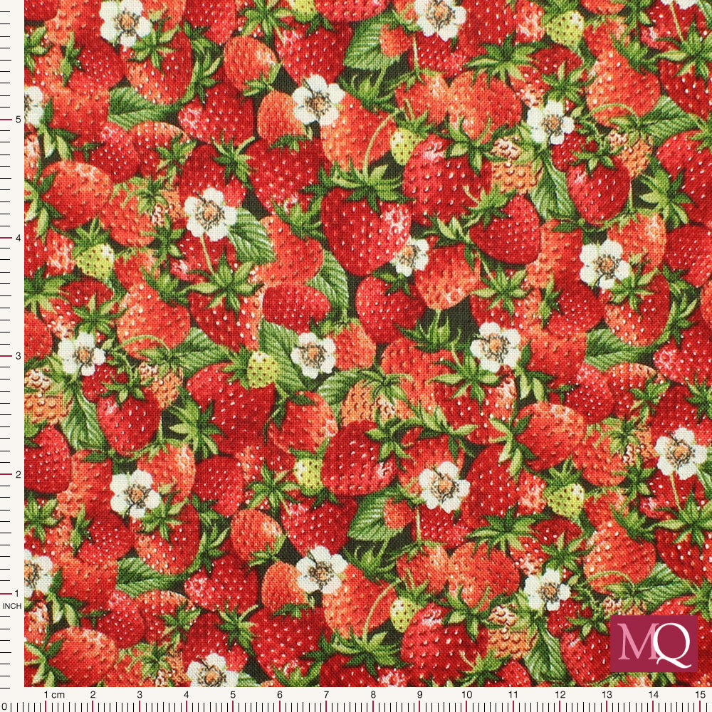 Cotton quilting fabric with realistic strawberries and flowers