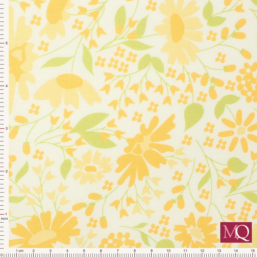 Cotton quilting fabric with yellow flowers on off-white