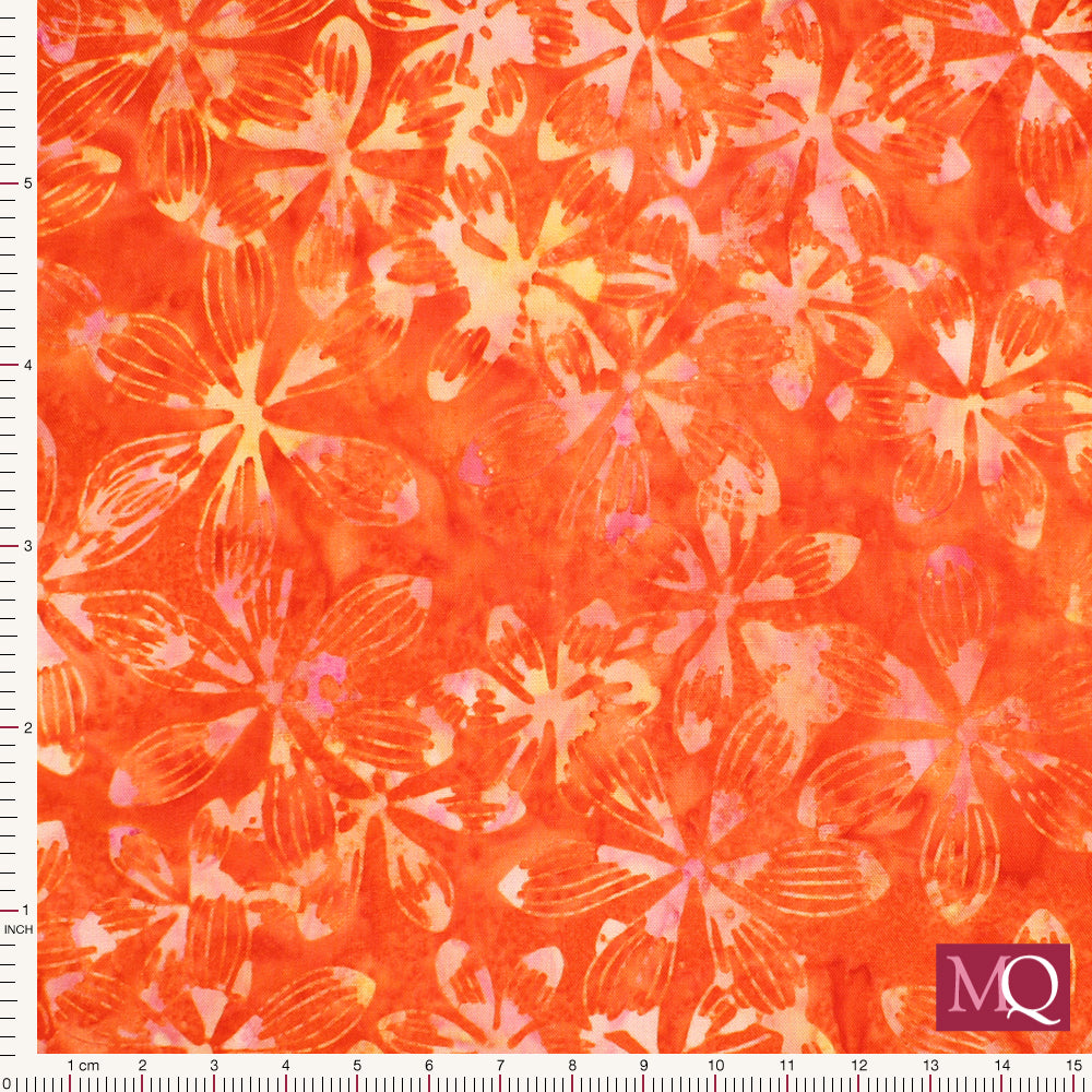 Cotton quilting fabric with orange flowers in the batik technique