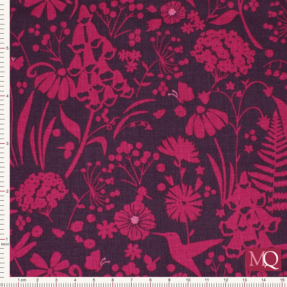 Cotton quilting fabric in tonal purple featuring birds and flowers