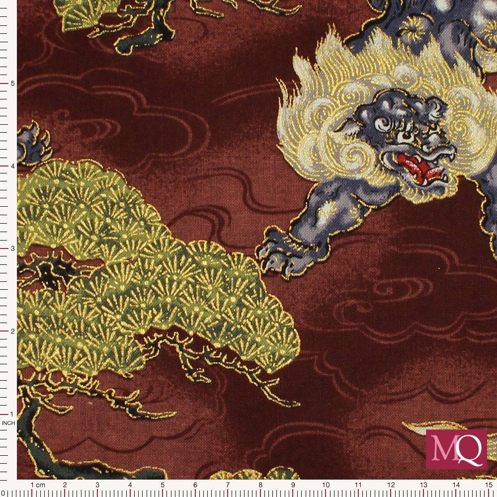 Cotton quilting fabric with Japanese dragon design on burgundy backdrop with clouds.