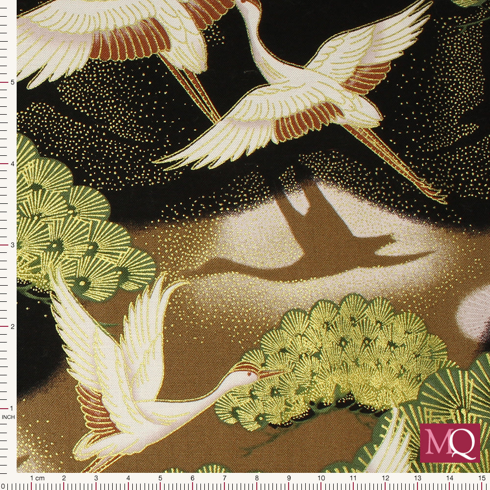 Cotton quilting fabric with Japanese crane design and gold highlights