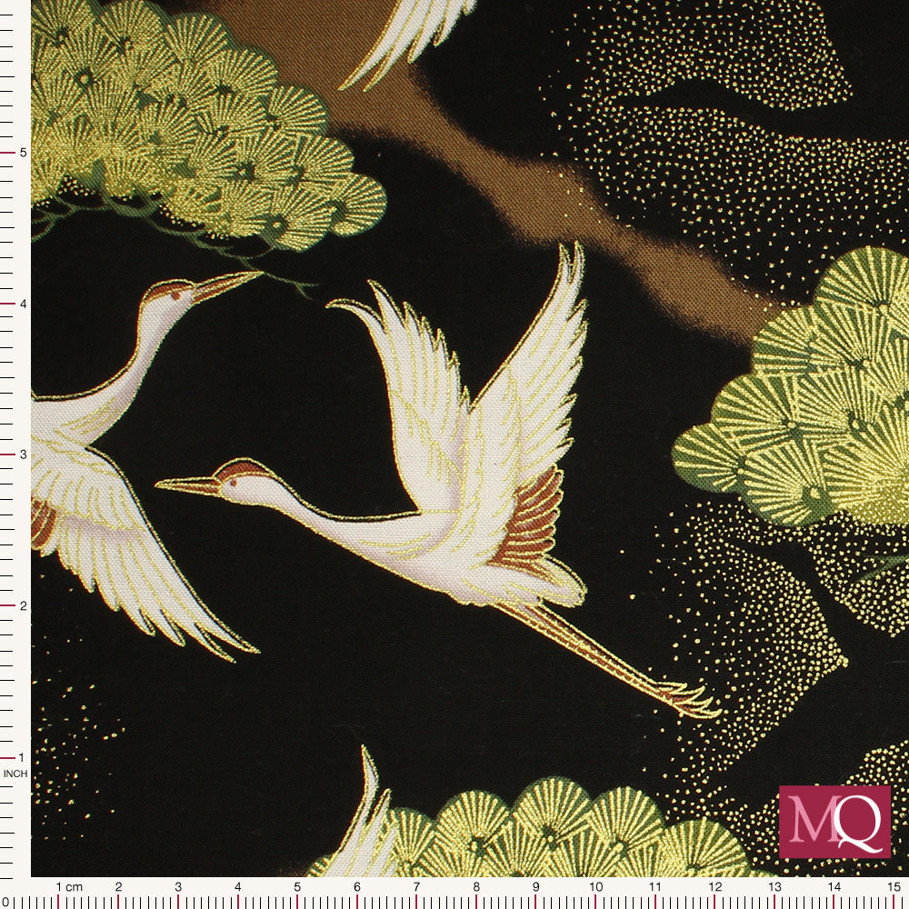 Cotton quilting fabric with Japanese crane design and gold highlights