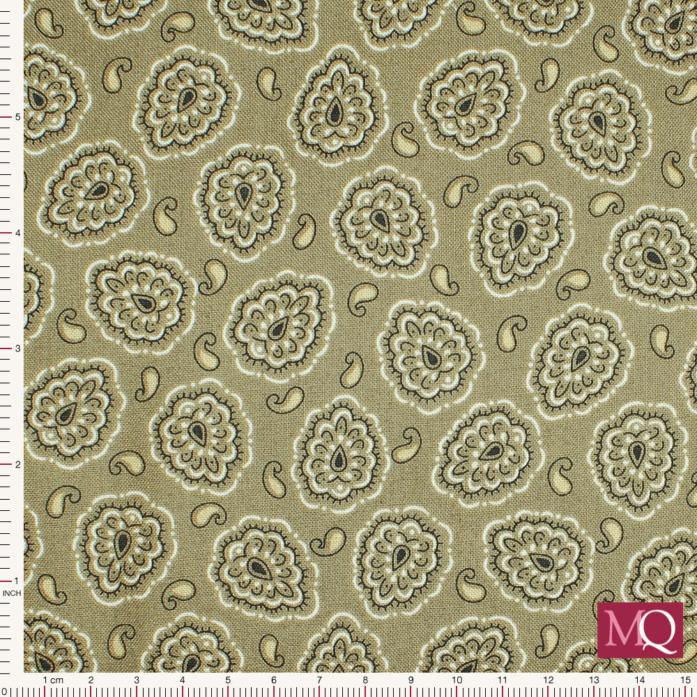 Cotton quilting fabric with simple paisley design in light brown