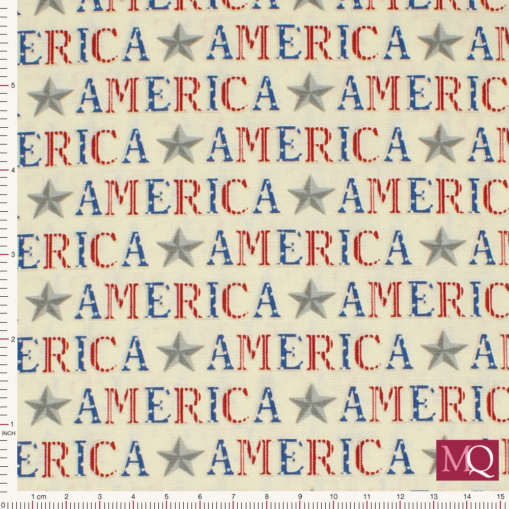 White Cotton Quilting Fabric with American Letters and Stars and Stripes
