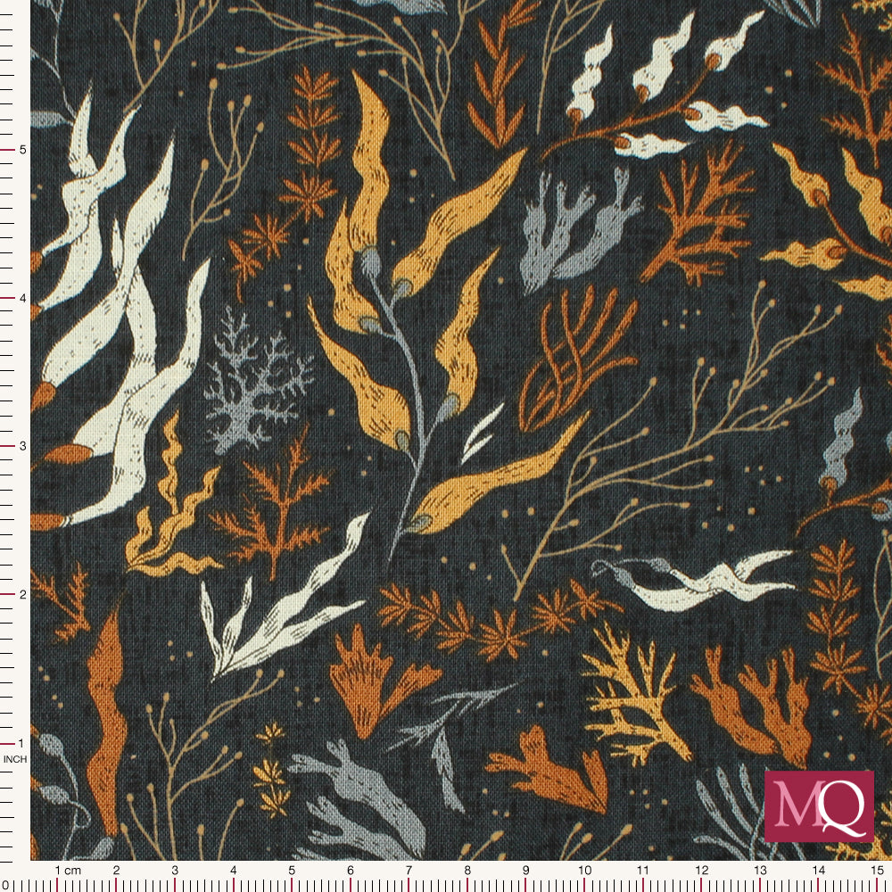 Cotton quilting fabric with modern illustrations of seaweed on mottled black background