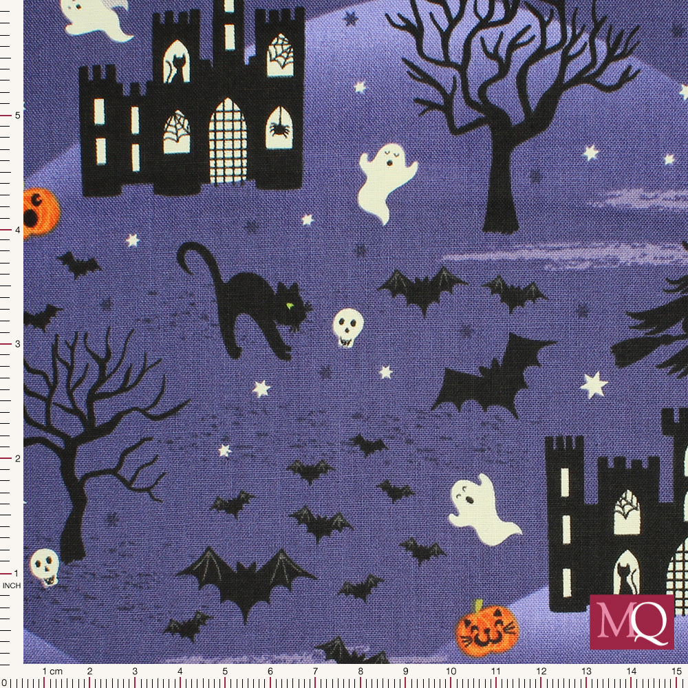Cotton quilting fabric with halloween theme on purple background featuring cats, ghosts, pumpkins, bats and haunted houses