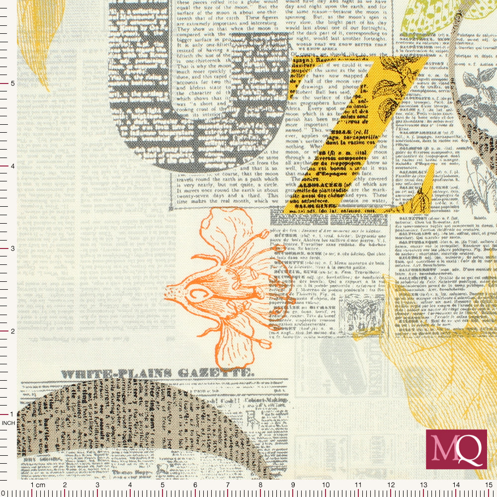 Cotton quilting fabric with snippets of antique newspapers overlaid with nature illustrations