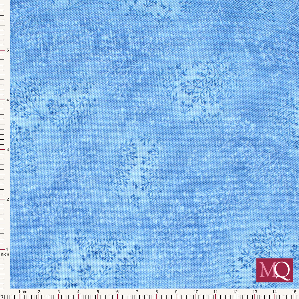 Cotton quilting fabric with delicate stems on mottled light blue background
