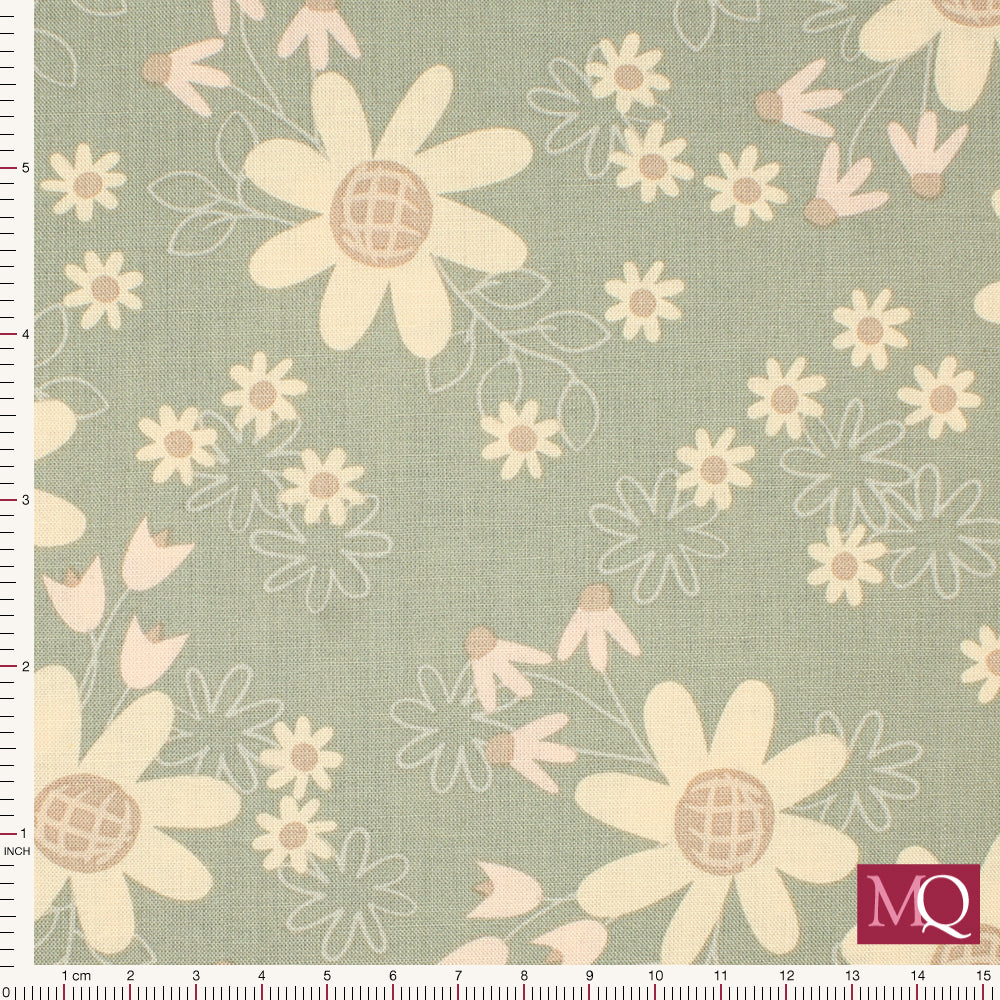 Cotton quilting fabric with flowers on a muted grey green background