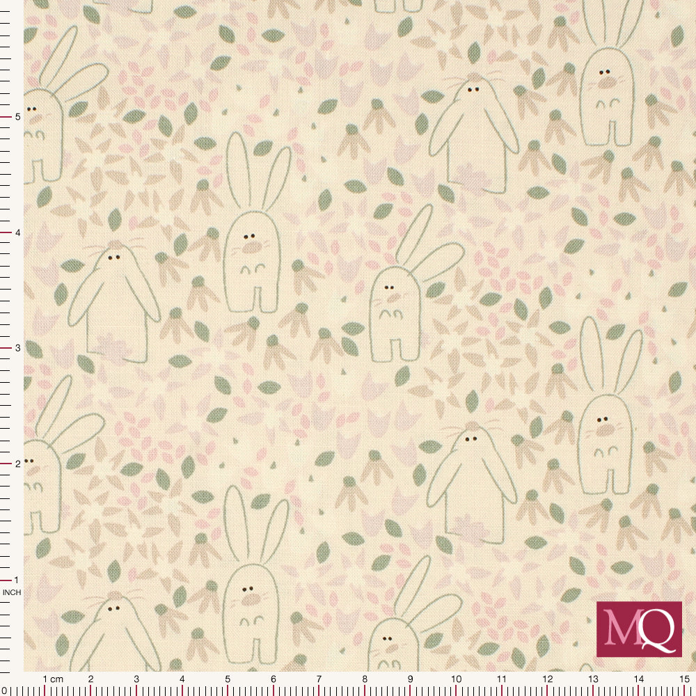 Cotton quilting fabric with modern illustrations of rabbits on an off white background with muted pink flowers