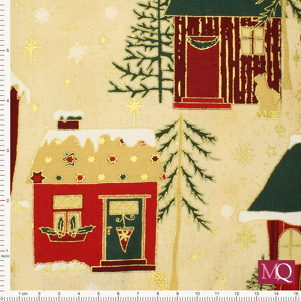 Star Sprinkle Advent Calendar Panel by Stof - Winter Houses on Cream