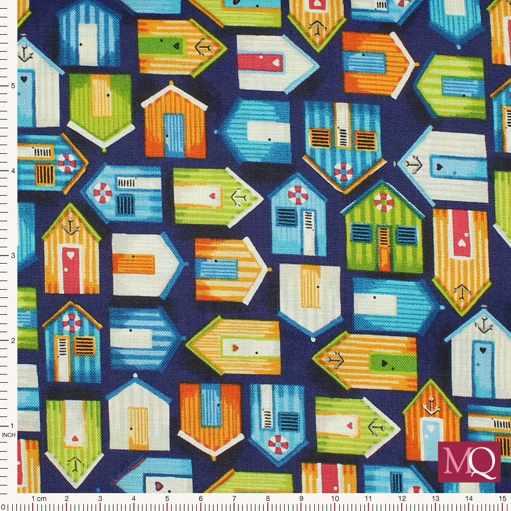 Beside the Sea by Makower - Beach Huts on Dark Blue 2345-B - £12/metre