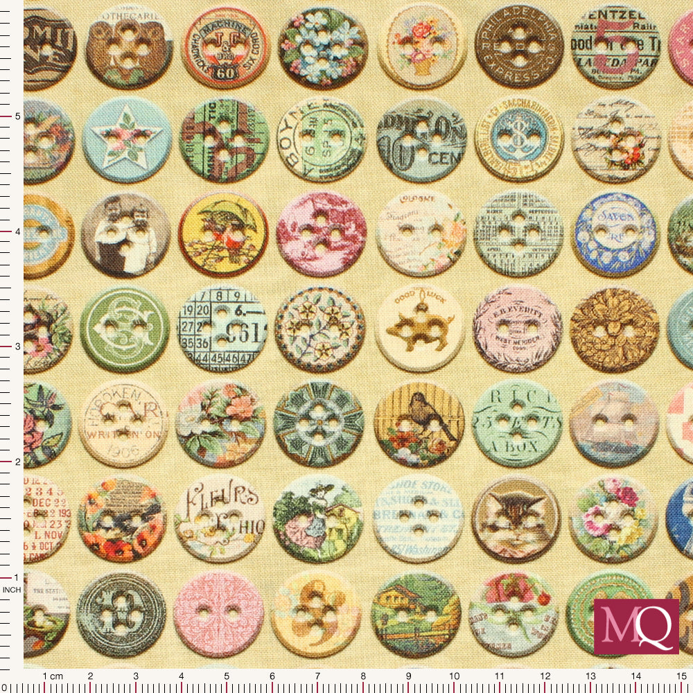 Cotton quilting fabric with haberdashery button design featuring small antique images