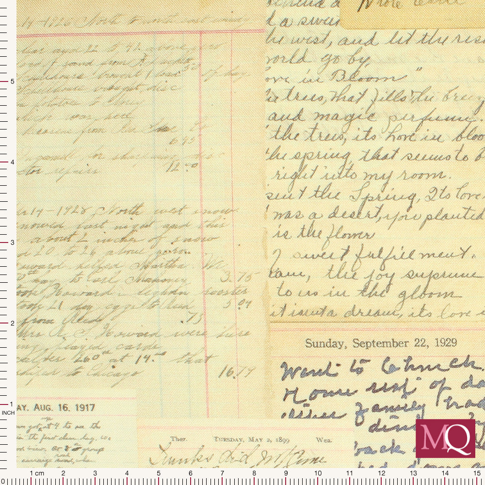 Cotton quilting fabric with handwritten letter design on aged paper