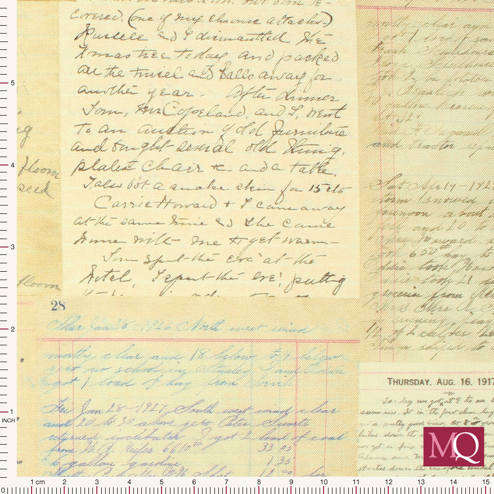 Cotton quilting fabric with handwritten letter design on aged paper