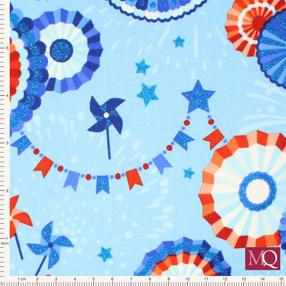 Cotton quilting fabric with red white and blue theme featuring rosettes, bunting and stars